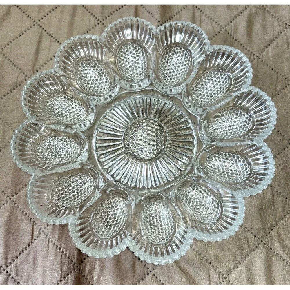 Vintage Clear Pressed Glass Deviled Egg Platter Hobnail Sunburst Serving Tray